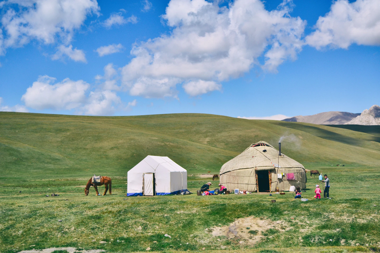 Jurtencamp auf einer Hochweide in Kirgistan im August