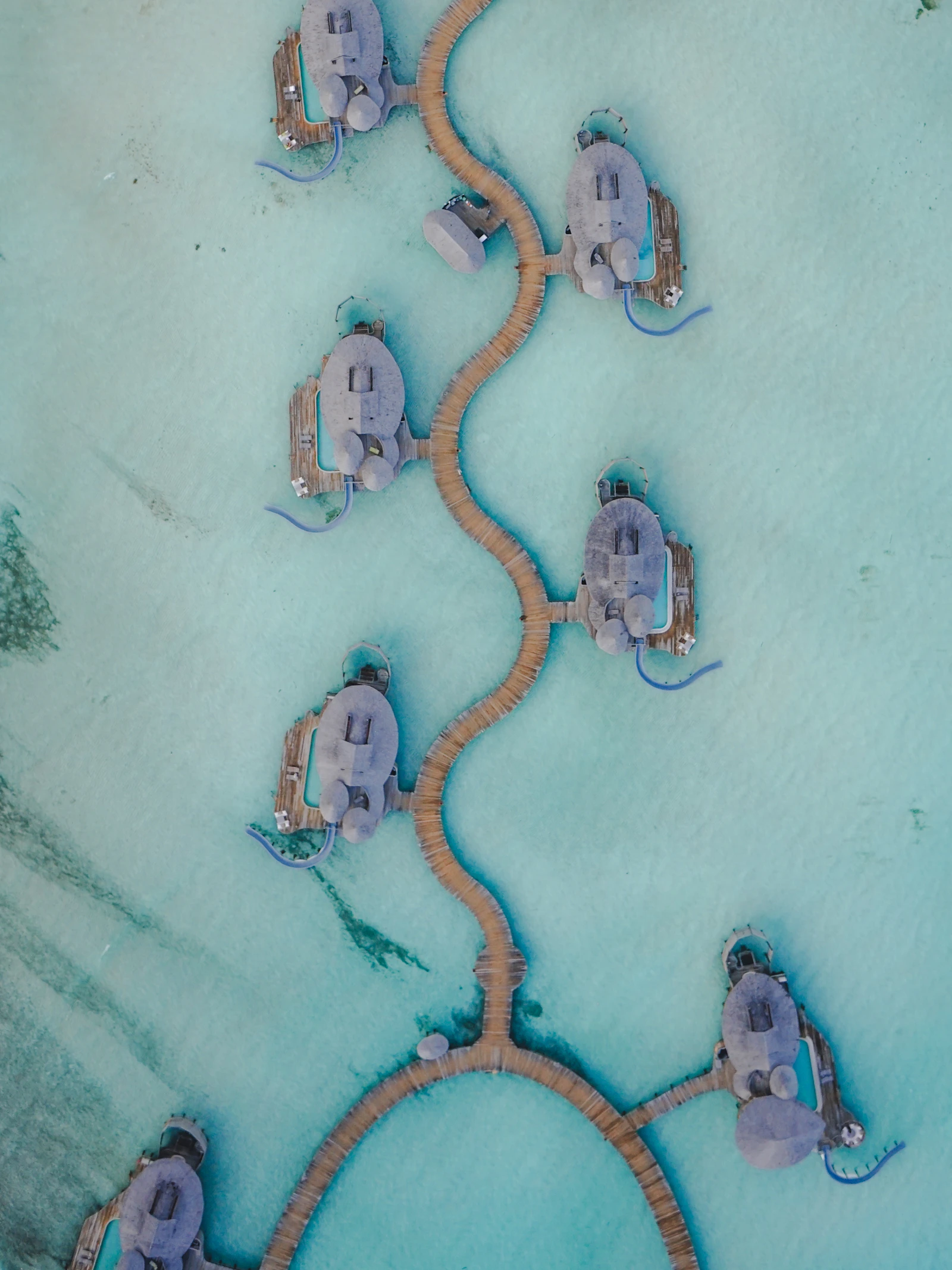 Strand mit Steg und Palmen auf den Malediven im Dezember aus der Luft